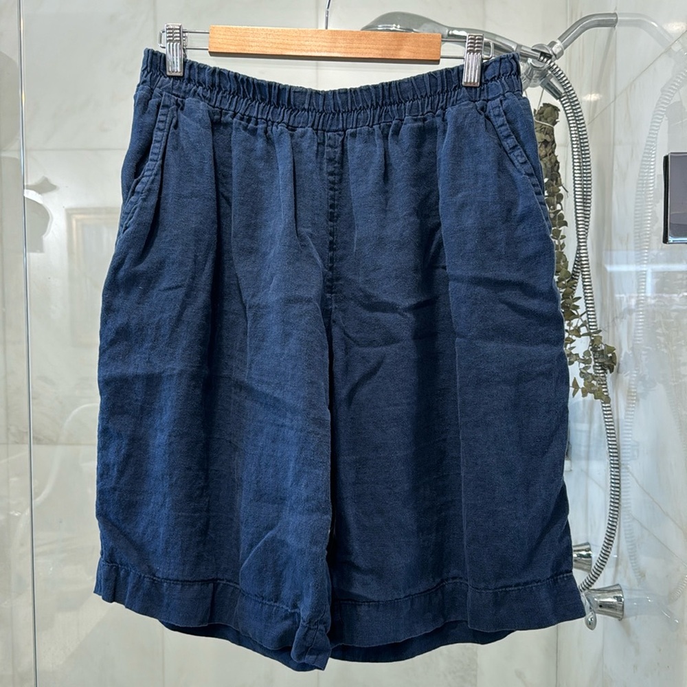 XL navy elastic waist linen Bermuda short